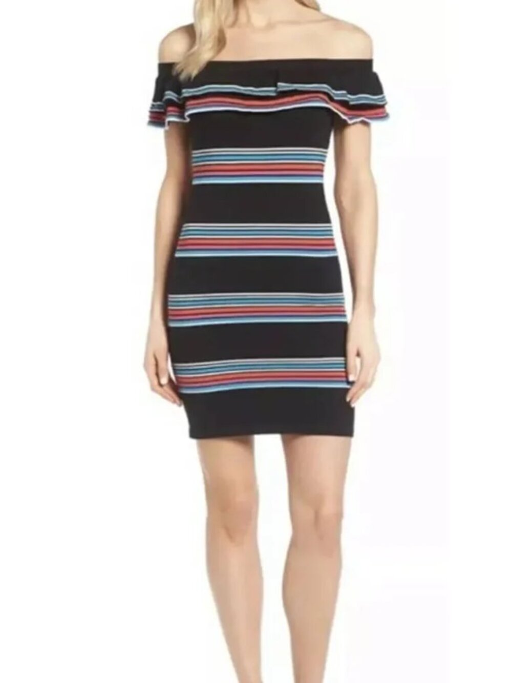 Vince Camuto Black Off Shoulder Knit Dress w Red, Pink, Blue Stripes, Size L